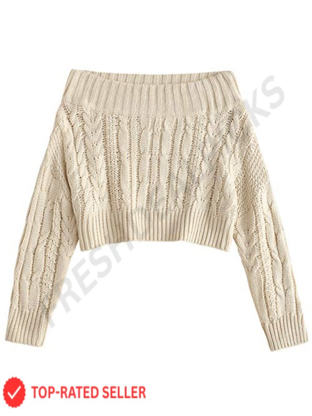 Off Shoulder Cable Rib Knit Crop Sweater Pullover Long Sleeve Acrylic